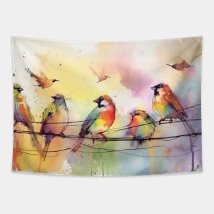 Cute brightly colored birds on a wire Tapestry