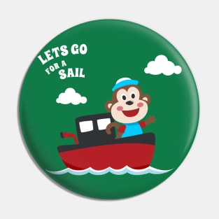 Cute monkey the animal sailor on the boat with cartoon style. Pin