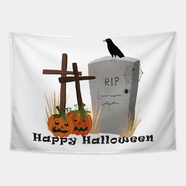 Halloween Tombstone With Black Crow Tapestry by Dig That Print