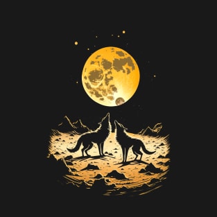 Two wolves howling at moon T-Shirt