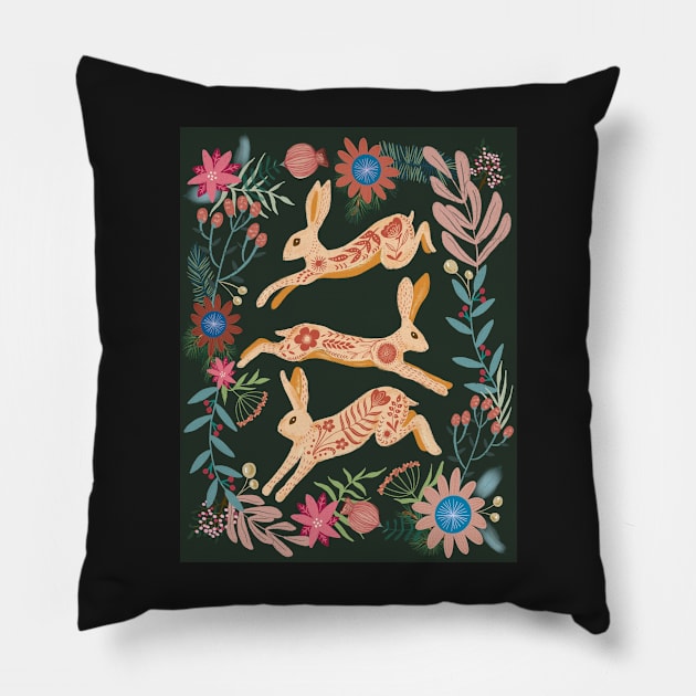 Leaping hare folk art Pillow by Papergrape