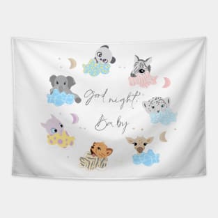 Sleeping baby animals on clouds, cute safari animals, good night baby set Tapestry