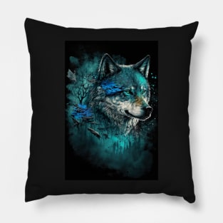 Cool Wolf portrait with teal and blue glow Pillow