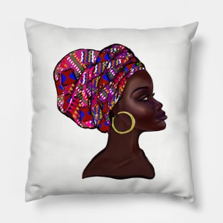 Afro queen With pink Kinte headwrap- Mahagony brown skin girl with thick glorious, curly Afro Hair and gold hoop earrings Pillow