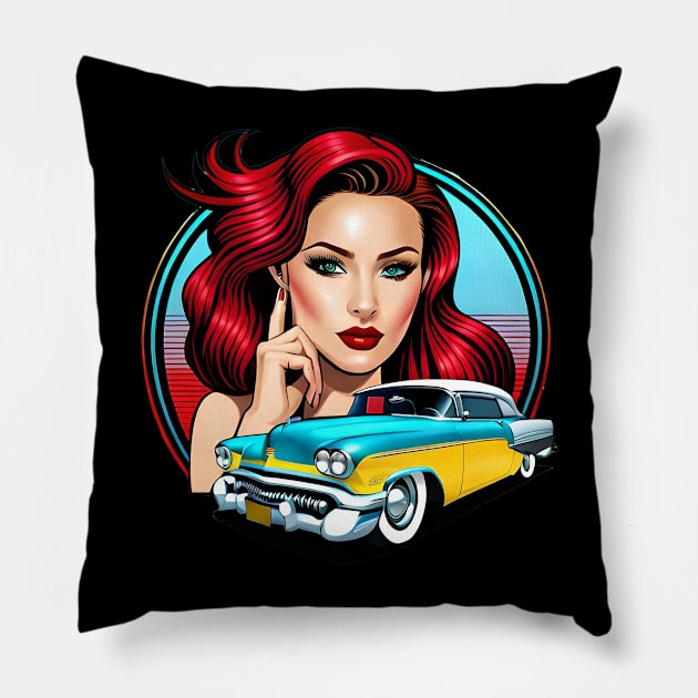 80s motor race party design with fashion girl and retro car on red rays Pillow by CHRONIN