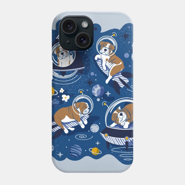 Intergalactic doggie dreams // spot illustration // classic blue background white and bronze English Bulldogs goldenrod yellow denim and pastel blue planets and space ships Phone Case by SelmaCardoso