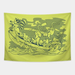 Raccoon Rafting Guide with Possum Paddlers Tapestry