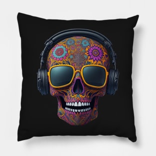 Funny Sugar Candy Skull With Headphones and Sun Glasses Pillow