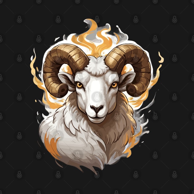 Farm Ram Sheep with Large Horns and Fire by Rossie Designs