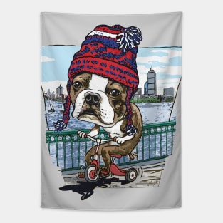 Boston Terrier Dog with Red, Blue and White Winter Beanie Tapestry