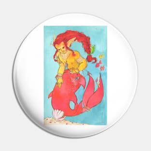 MerMay Red Braided Merman with Pearl Watercolor Pin