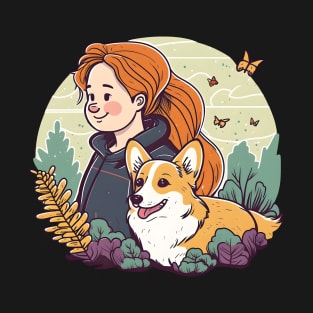 Corgi & Girl Cute Pembroke Welsh Corgi Floral Vintage Dog Lover T-Shirt