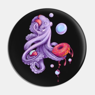 Octopus with donut and jam and red headphones with music. Bright artwork Pin