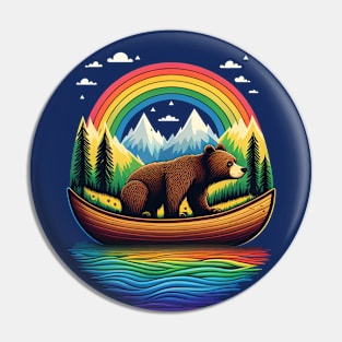 Wild Grizzly Bear in a Canoe with Rainbow Lake Mountains Funny Pin