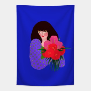 Lovely girl with red flower bouquet Tapestry