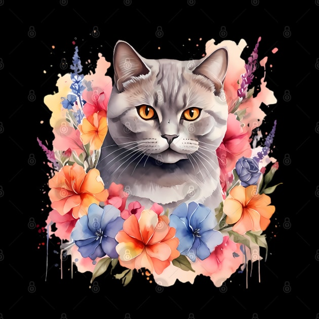 A british shorthair cat decorated with beautiful watercolor flowers by CreativeSparkzz