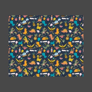 Dinosaur Fruit Party - peach, yellow, sage and turquoise on charcoal - cute pattern by Cecca Designs T-Shirt