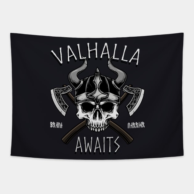 Valhalla Awaits Viking Skull Tapestry by Foxxy Merch