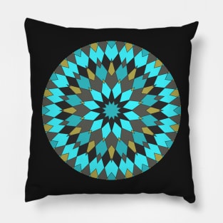 Aqua, Gold and Black Kaleidoscope Style Mandala Pillow