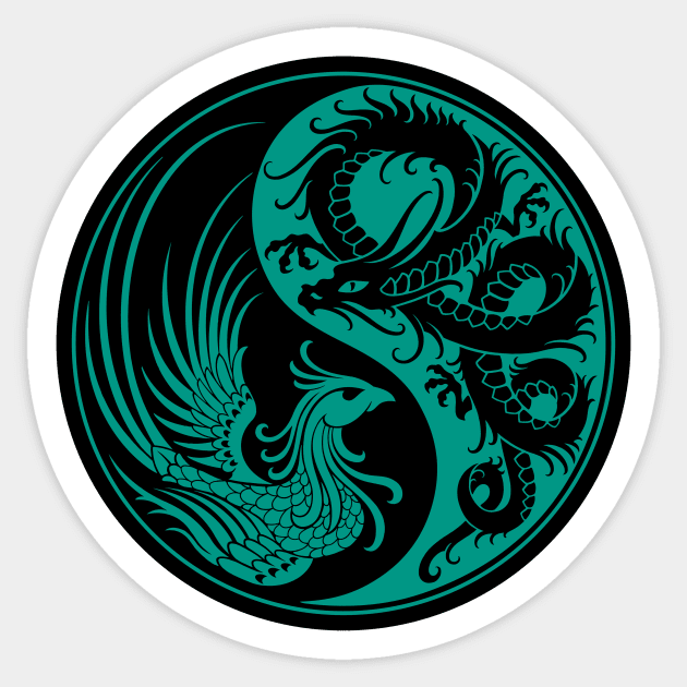 Teal Blue and Black Dragon Phoenix Yin Yang Yin Yang Sticker - Main Image