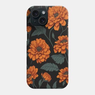 Orange Zinnia Flower Pattern on Black Phone Case