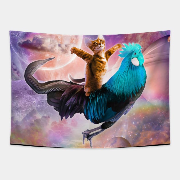 Galaxy Space Cat Riding Chicken - Rainbow Tapestry by Random Galaxy