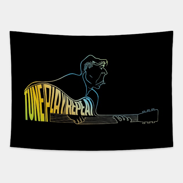 Tune Play Repeat Guitar Black T-Shirt Tapestry by Draw The Line