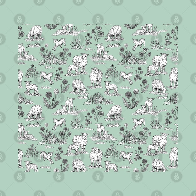 Sheep and Lambs on a Pasture Toile de Jouy (Pale Green) by illucalliart