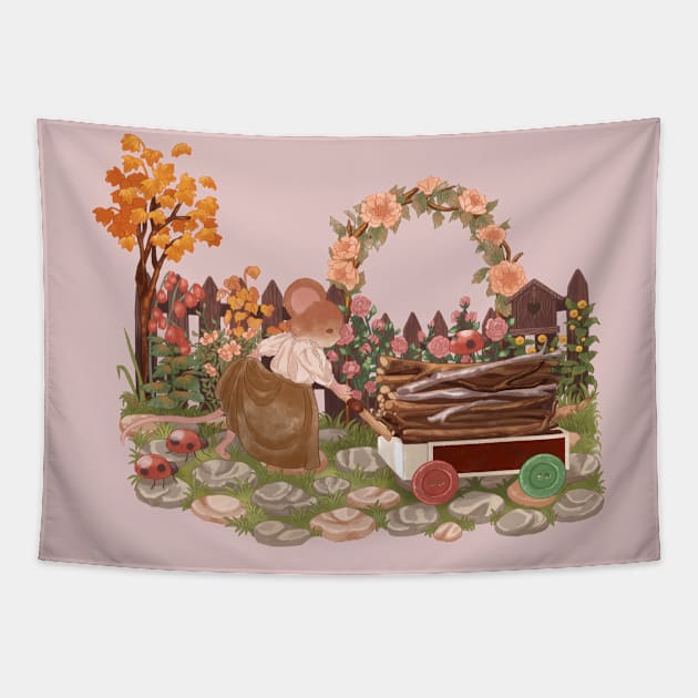 Cozy Cottagecore Mouse Collecting Firewood with Pet Ladybugs Tapestry by Jieul