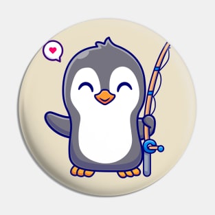 Cute Penguin With Fishing Rod Cartoon Pin