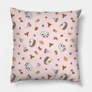 Woodland Raccoon and Hedgehog Pattern in Baby Pink Pillow