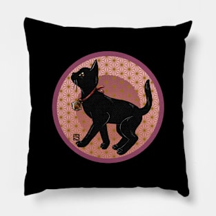 Black kitty with a bell Pillow