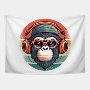 Chimp with Headphone - For Musicians and Zoologists Tapestry