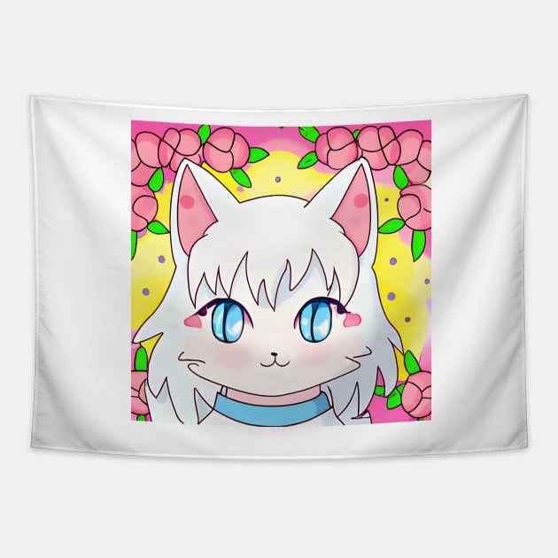 Anime White Cat With Flowers Tapestry by withdiamonds