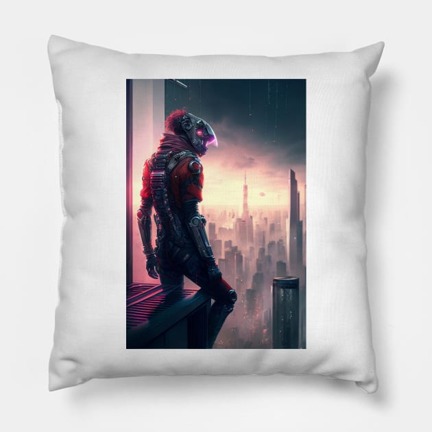 Cyberpunk Character On A Ledge Overlooking A City Pillow by TortillaChief