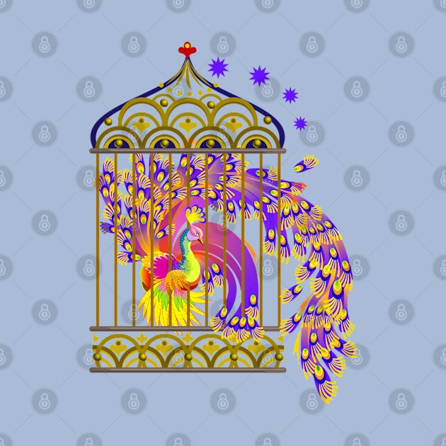 Magic Phoenix bird in a golden cage. by Artist Natalja Cernecka