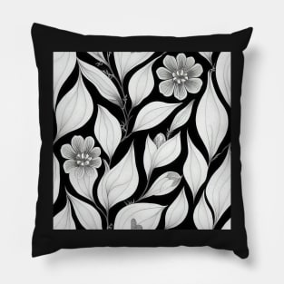 Black and White Vintage Floral Cottagecore Gothic Romantic Flower Peony Rose Leaf Design Pillow