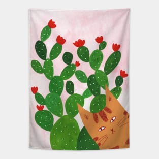 Cat photobombing cactus Tapestry