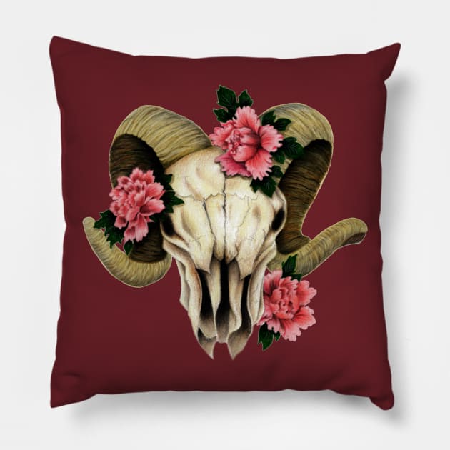 Ram Skull Peonies Pillow by celesteroddom