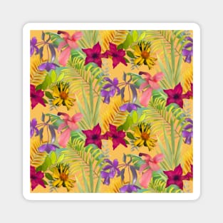 Elegant tropical flowers and leaves pattern purple illustration, yellow tropical pattern over a Magnet