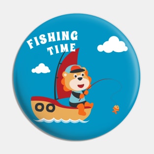 Vector cartoon illustration of cute lion fishing on sailboat with cartoon style. Pin