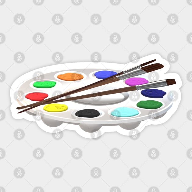 Watercolor illustration of paint palette and brushes with white