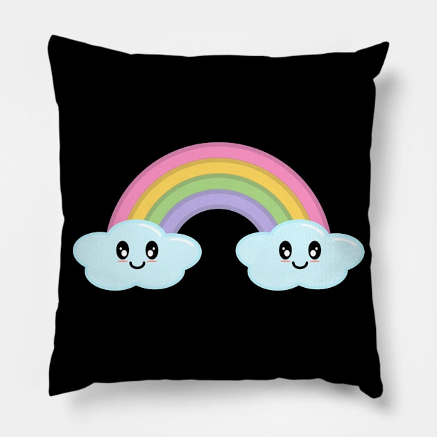 Kawaii Cute Happy Rainbow and Clouds in Black Pillow by Kelly Gigi