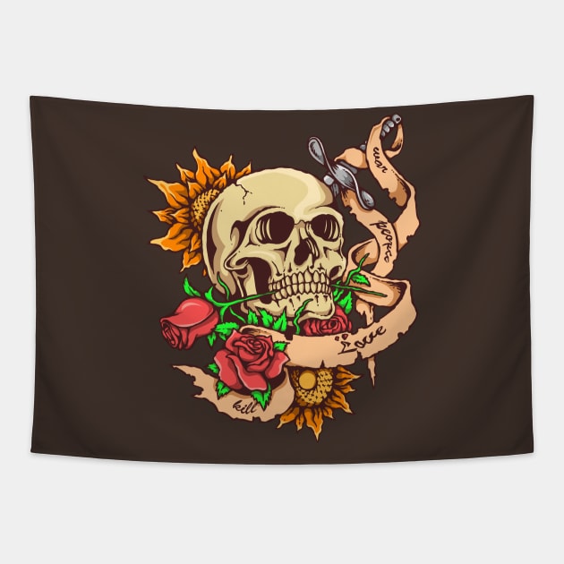 Skull With Roses Tapestry by Mako Design 