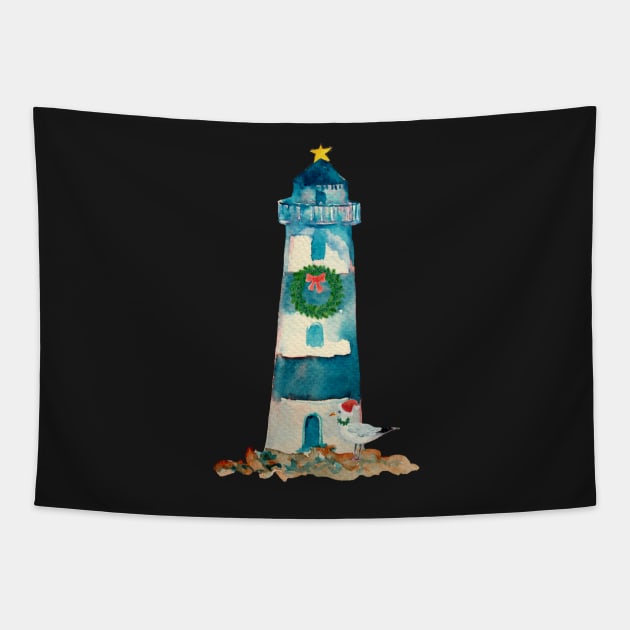 Christmas Watercolor Lighthouse Tapestry by emrdesigns