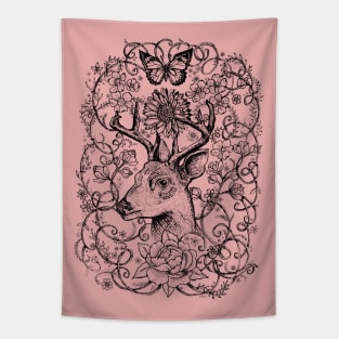 Deer with flowers - Black and White drawing - Spirt animal stag. Tapestry