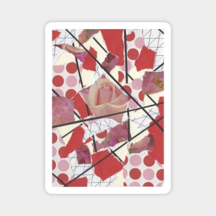 Polka Dots and Roses - Pink, Red, White, Black - Abstract Mixed Torn Paper Collage Magnet