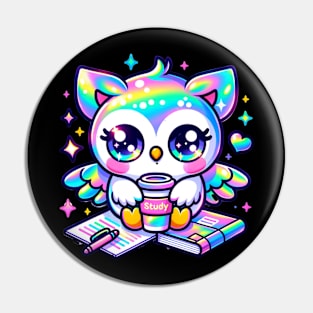 Kawaii Holographic Owl with Coffee and Study Notes Pin