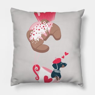 Pastel café sweet love dream // print // red and pink pastry details blue dachshund dog puppy Pillow