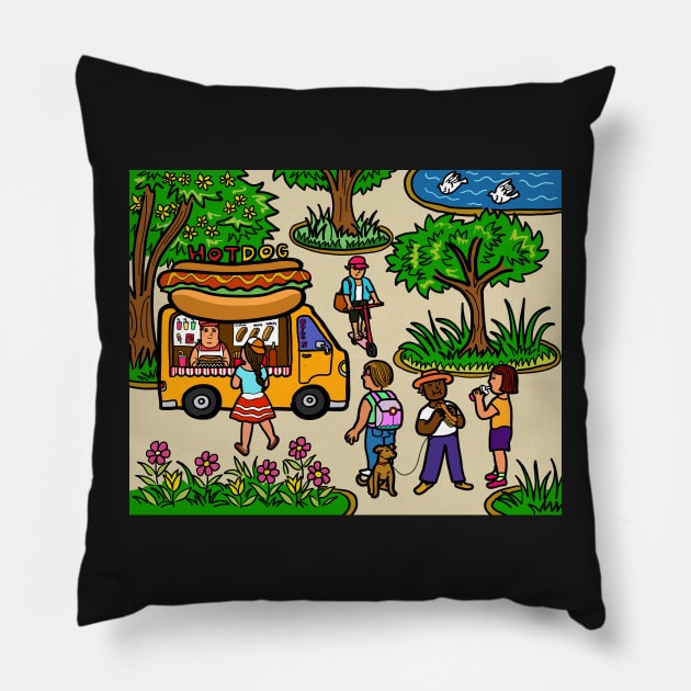 Street food truck hot dog. Illustration cartoon drawing. Pillow by Nalidsa